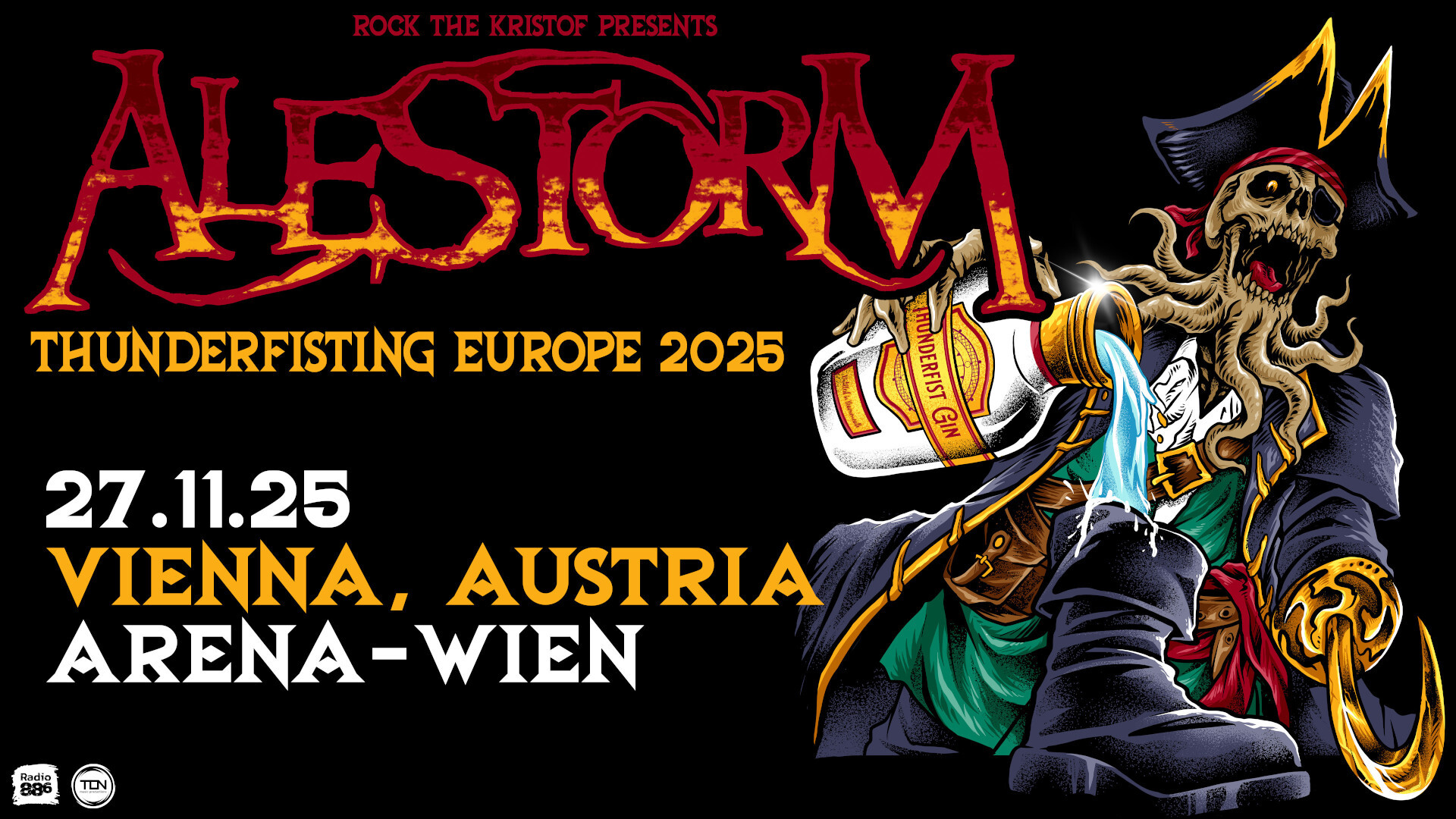 ein Konzertposter der Band Alestorm für ihre „Thunderfisting Europe 2025“-Tour, auf dem ein skelettartiger Pirat mit Augenklappe und Tentakelbart zu sehen ist, der eine Flasche mit der Aufschrift „Thunderfist“ in der Hand hält.