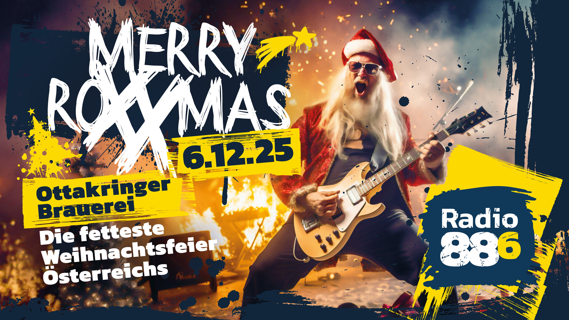 Rockiger Weihnachtsmann mit Gitarre vor Feuerkulisse. Text: 88.6 Merry RoXXmas am 6.12.25 in der Ottakringer Brauerei – die fetteste Weihnachtsfeier Österreichs.