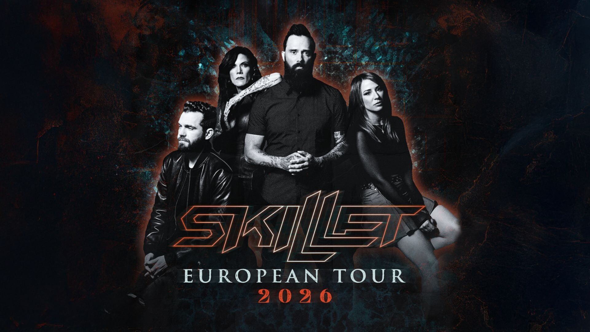 Das Bild zeigt die Band Skillet in einem düsteren, kontrastreichen Artwork mit dem Schriftzug Skillet European Tour 2026