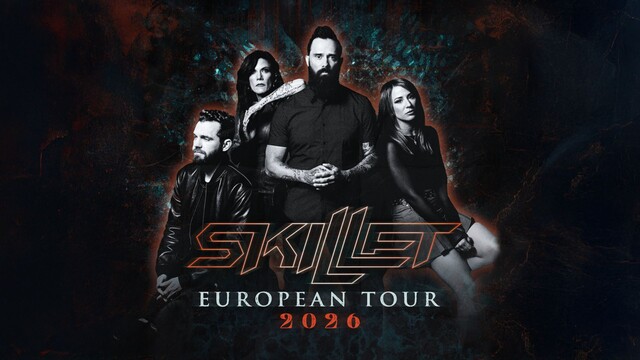 Das Bild zeigt die Band Skillet in einem düsteren, kontrastreichen Artwork mit dem Schriftzug Skillet European Tour 2026
