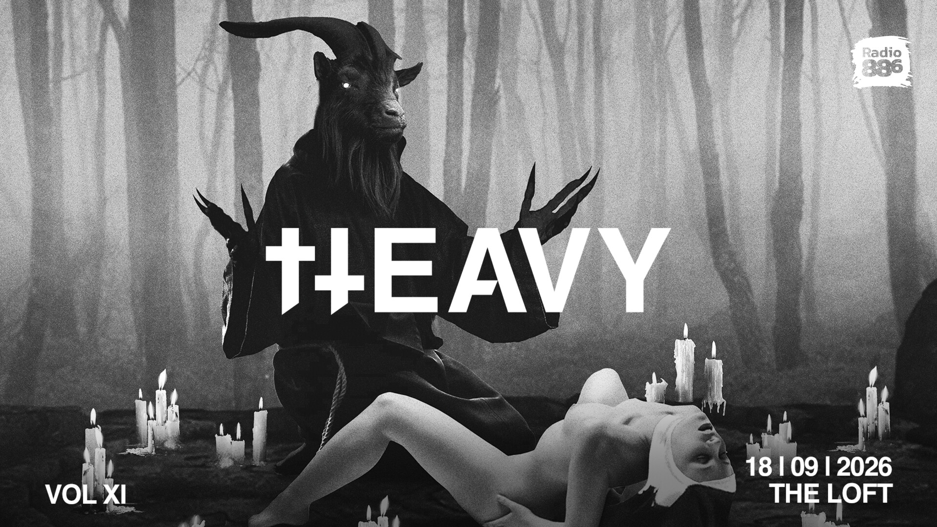 Logo Schriftzug Heavy  the Metal Club Night, darunter ein schwarz weiß Bild