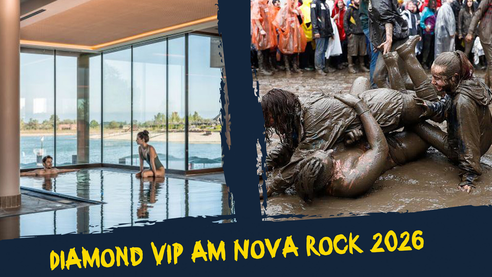 zwei Personen in einer Therme und drei Personen auf einem Festival im Gatsch