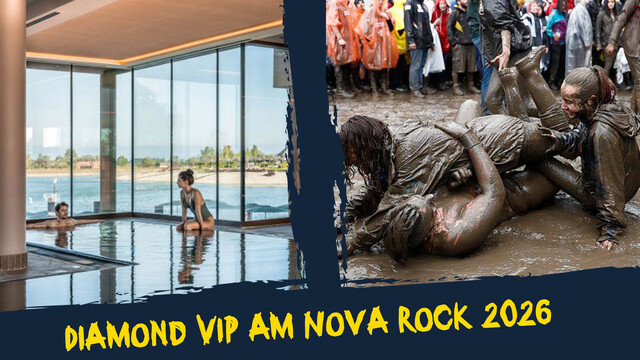 zwei Personen in einer Therme und drei Personen auf einem Festival im Gatsch