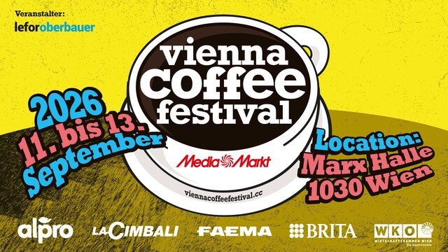 Eckdaten zum Vienna Coffee Festival, im Hintergrund eine Kaffeetasse