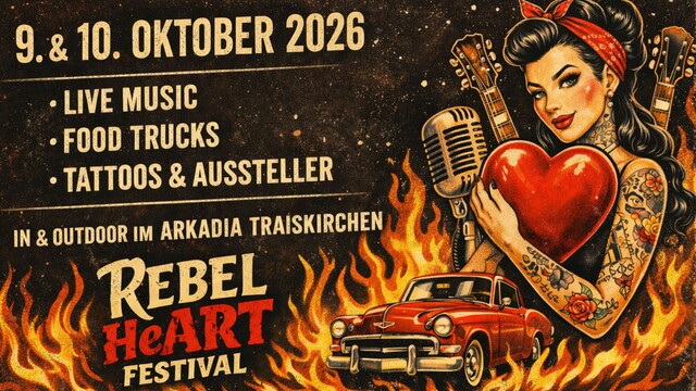 Plakat zum Rebel Heart Festival 2026 mit Rockabilly-Frau, Datum und Ort