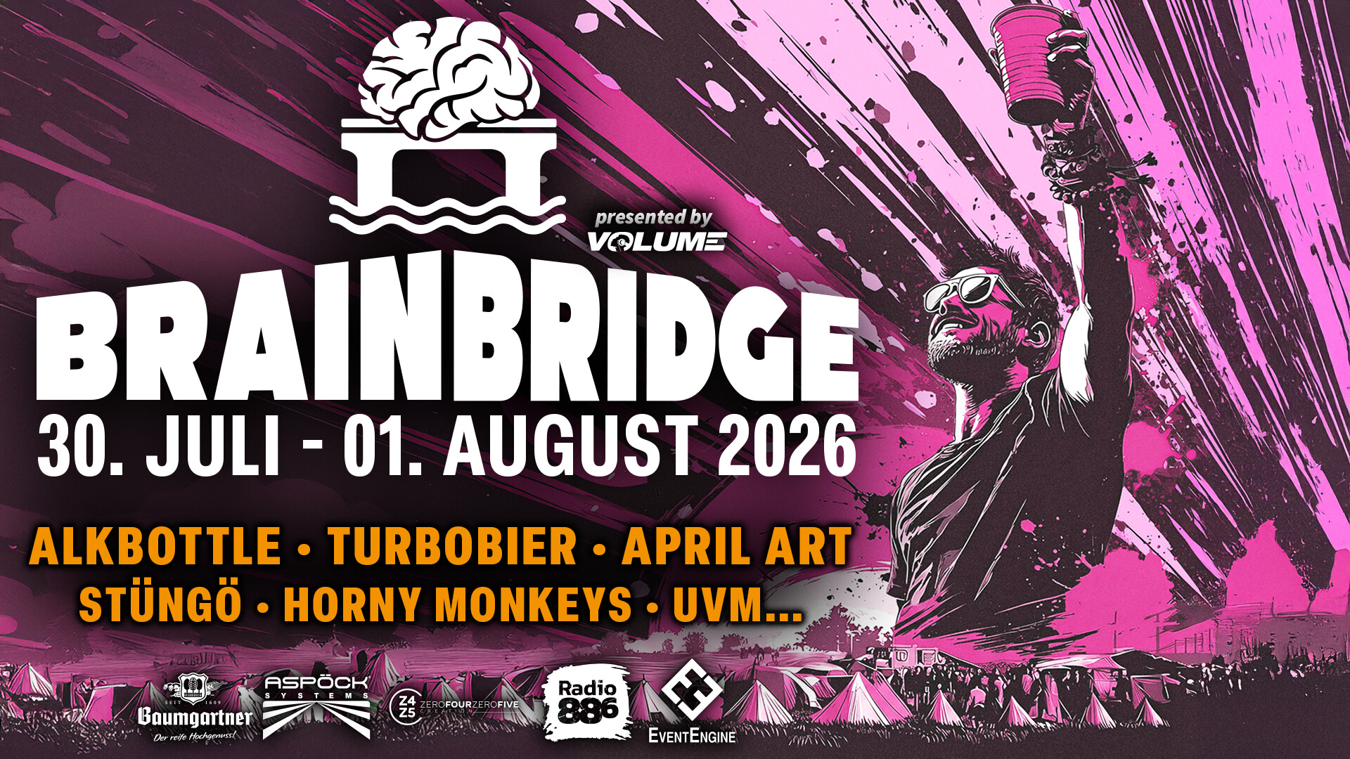 Plakat vom Brainbridge Festival weiße Schrift vor pinkem Hintergrund mit Zelten