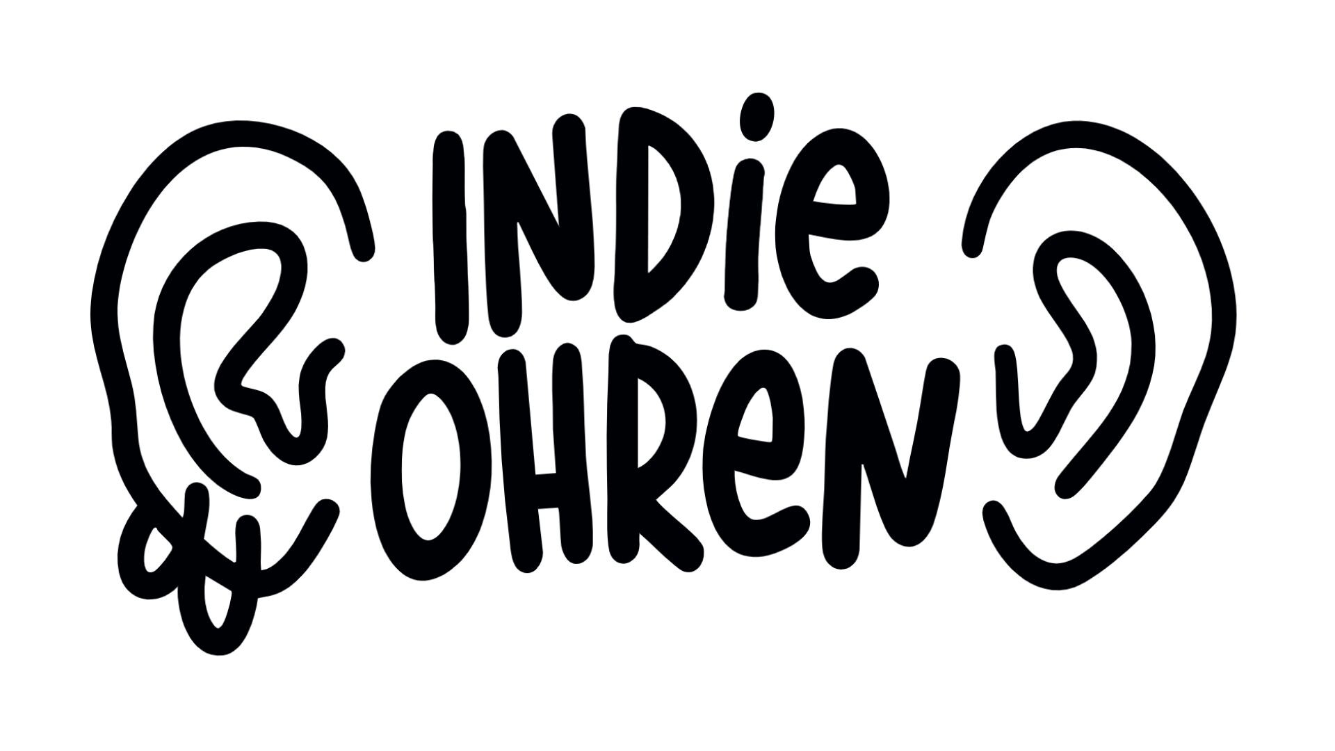 Das Bild zeigt den Text INDIE OHREN mit zwei gezeichneten Ohren links und rechts daneben das linke Ohr trägt 2 Ohrringe