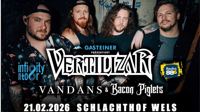 Bandfoto von Vertilizar mit Logos von Support Acts Vandans und Bacon Piglets