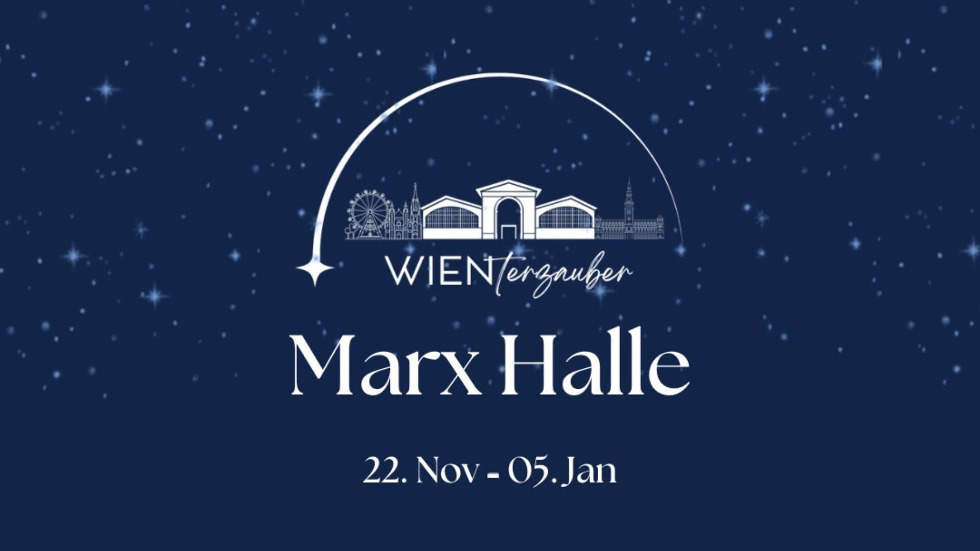 Weiße Schrift auf dunkelblauem Hintergrund mit Schneeflocken