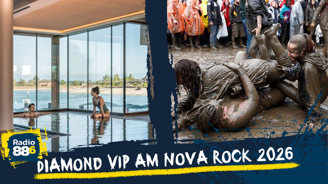 zwei Personen in einer Therme und drei Personen auf einem Festival im Gatsch