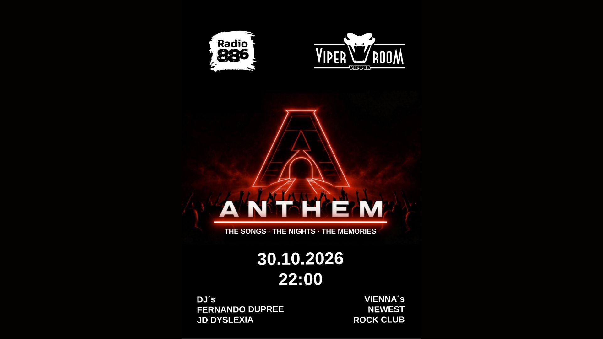 ANTHEM Logo in rot mit Eckdaten zum Event auf schwarzem Hintergrund