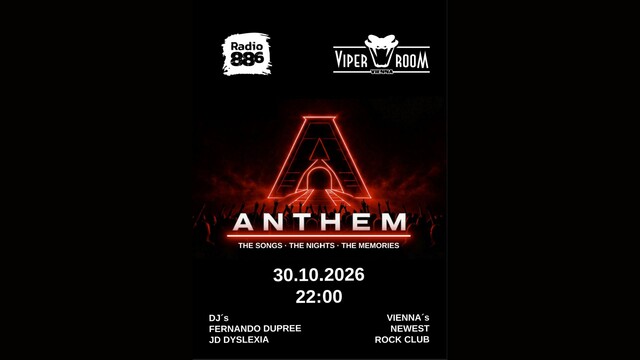 ANTHEM Logo in rot mit Eckdaten zum Event auf schwarzem Hintergrund