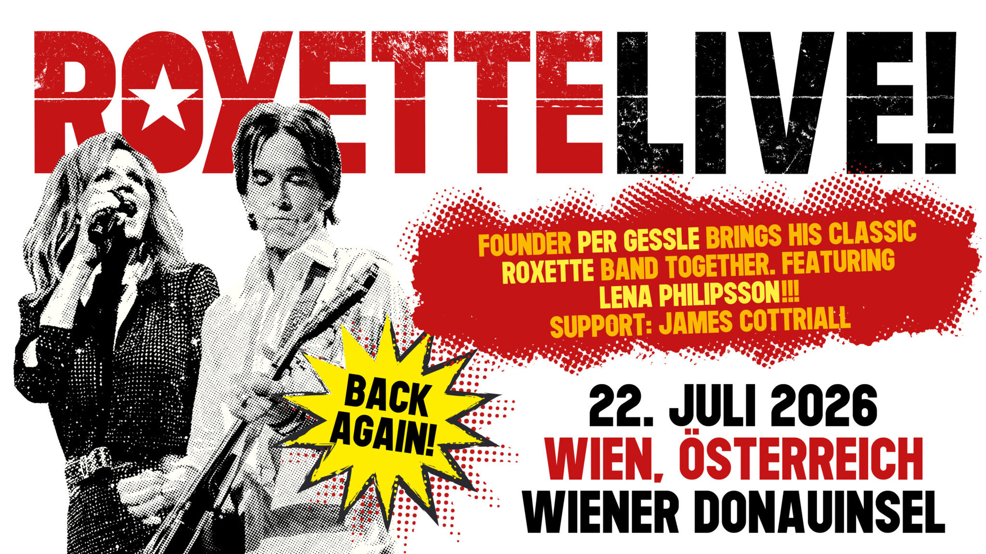 Plakat vom Roxette mit schwarz weiß Foto auf weißem Hintergrund