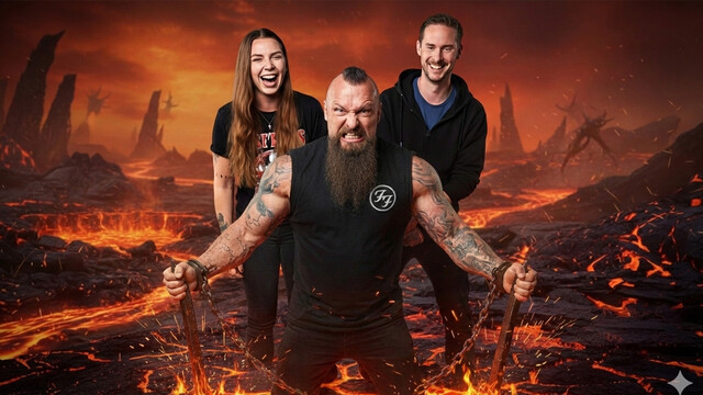 Der Timpel kniet in Ketten vor Sarah und Mike auf einer Lavalandschaft