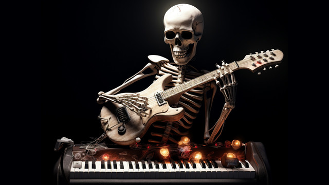 Ein Skelett mit E-Gitarre und Keyboard