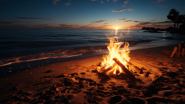 Ein Lagerfeuer an einem Strand am Meer