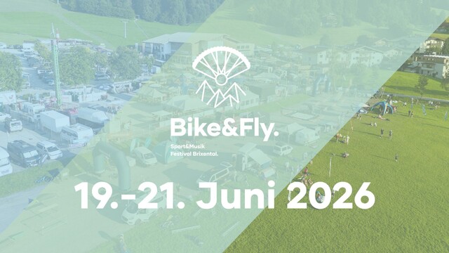 Bike&Fly Festival Plakat mit Eckdaten, im Hintergrund ein Bild vom Festivalgelände