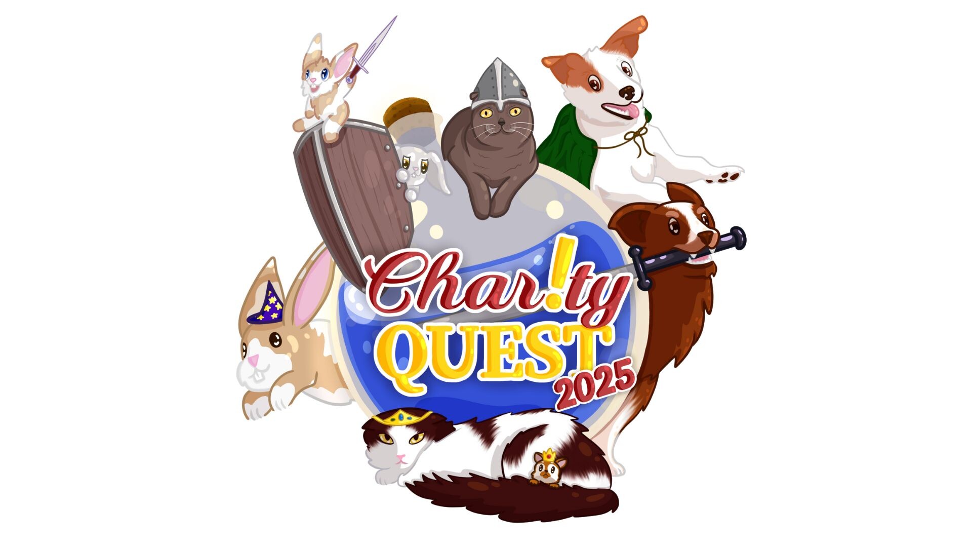 Logo vom Streaming Event Charity Quest mit gezeichneten Tieren rundherum um den Schriftzug