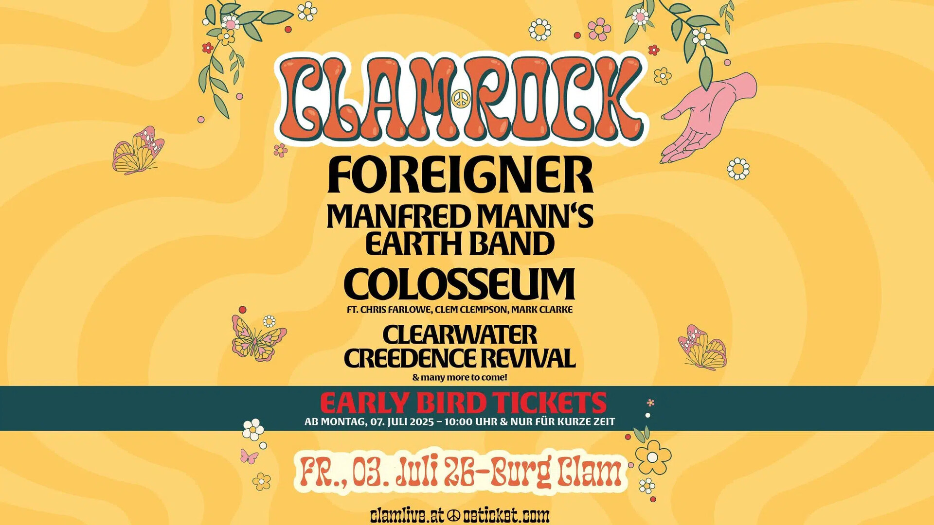 Lineup fürs Clam Rock 2026 Lineup fürs Clam Rock 2026 auf gelbem Hintergrund