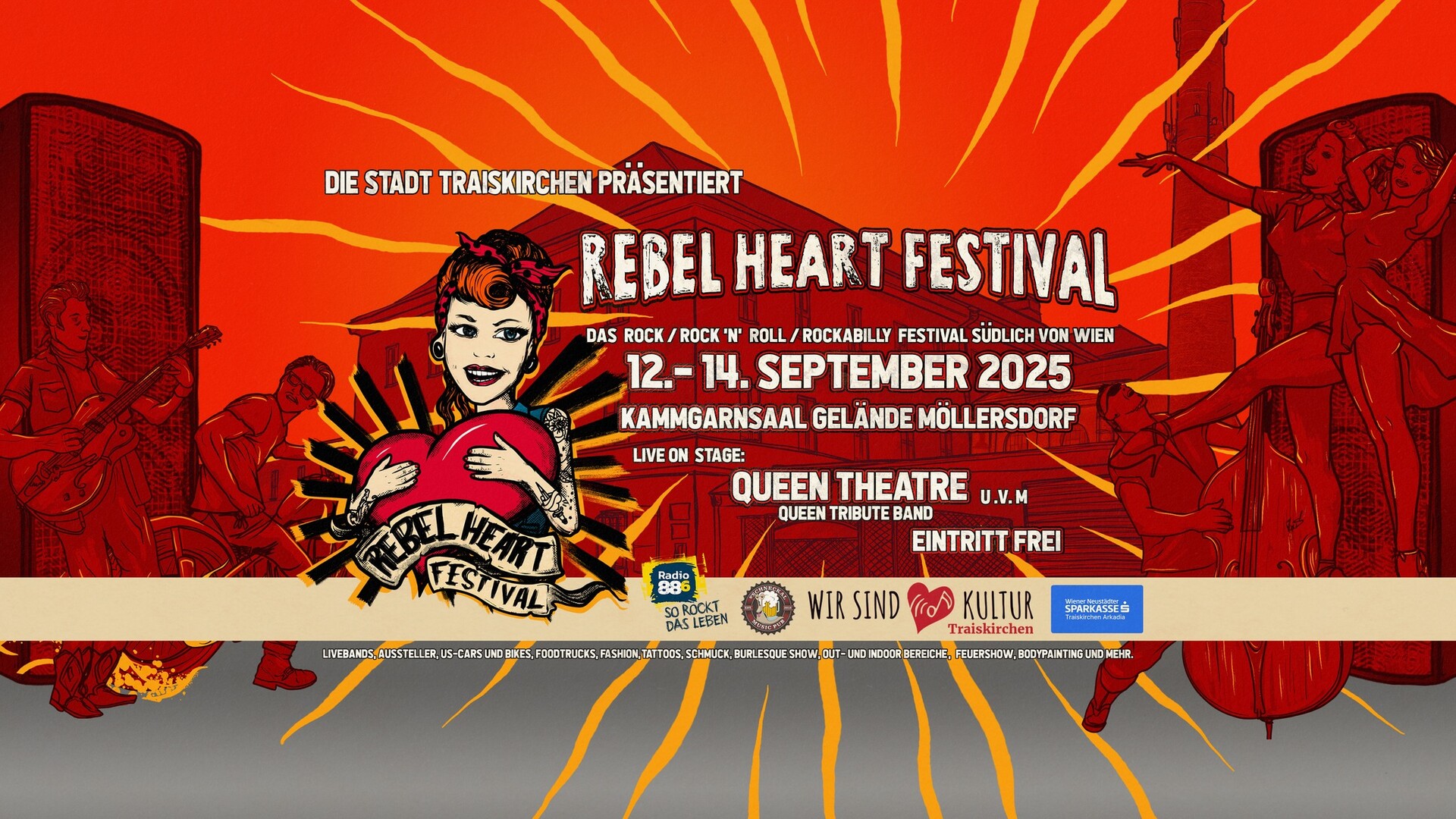 Plakat zum Rebel Heart Festival 2025 mit Rockabilly-Frau, Datum, Ort und Line-Up, präsentiert von der Stadt Traiskirchen