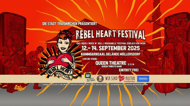 Plakat zum Rebel Heart Festival 2025 mit Rockabilly-Frau, Datum, Ort und Line-Up, präsentiert von der Stadt Traiskirchen