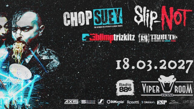 Forever Nu Plakat mit Eckdaten auf schwarzem Hintergrund mit einem Foto eines Bandmitglieds am linken Bildrand