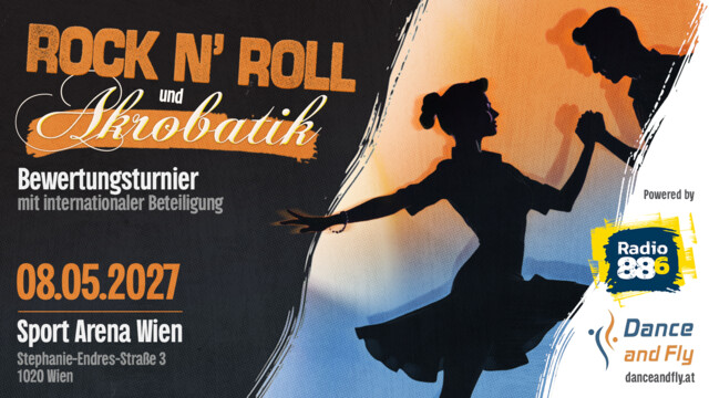 Rock’n’Roll Akrobatik mit einer Silhouette von zwei tanzenden Menschen und Eckdaten zur Veranstaltung
