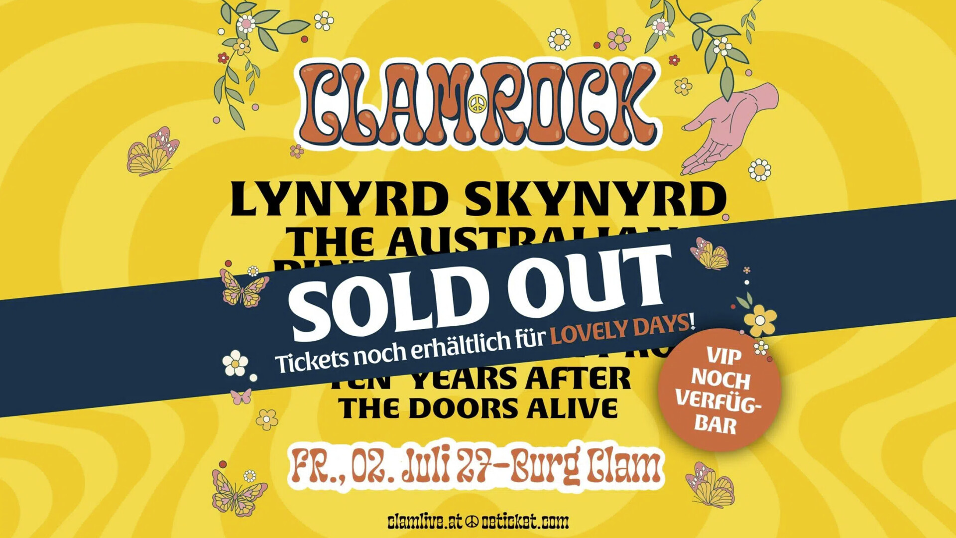 Lineup fürs Clam Rock 2027 auf gelbem Hintergrund