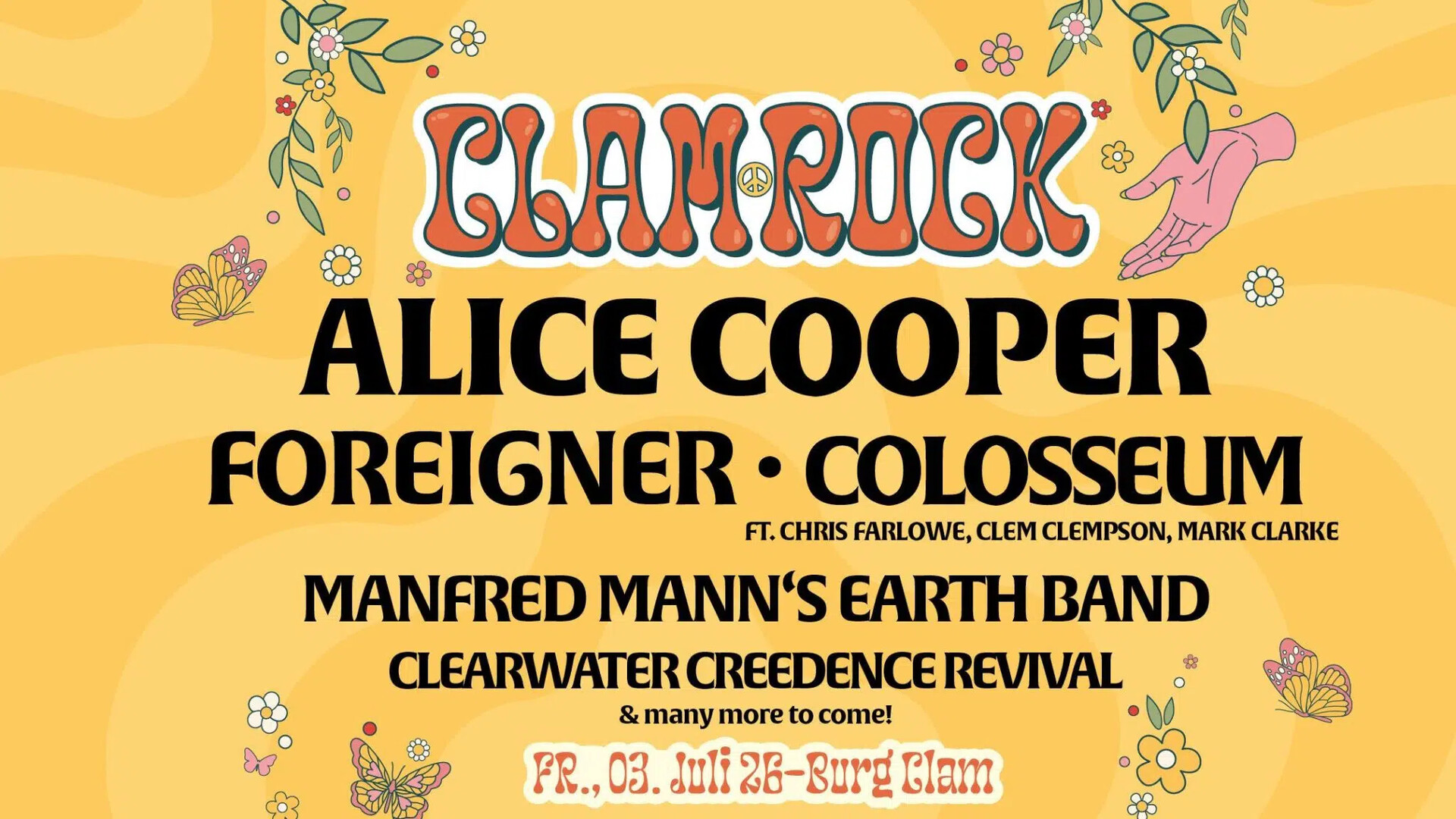 Lineup fürs Clam Rock 2026 Lineup fürs Clam Rock 2026 auf gelbem Hintergrund