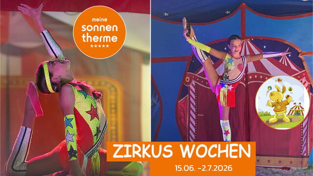 Zwei Artistinnen in bunten Kostümen zeigen akrobatische Posen im Zirkuszelt – „Zirkus Wochen in der SonnenTherme