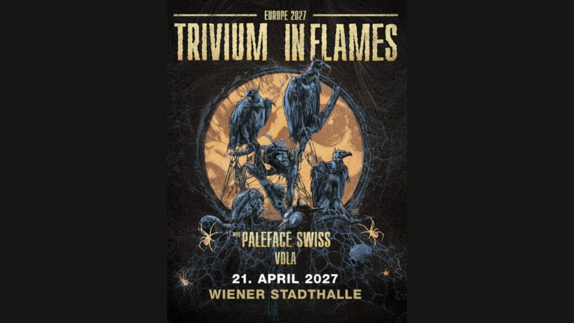 Plakat von Trivium & In Flames mit Raben die auf einem Ast sitzen vor einem runden, goldenen Hintergrund