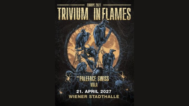 Plakat von Trivium & In Flames mit Raben die auf einem Ast sitzen vor einem runden, goldenen Hintergrund