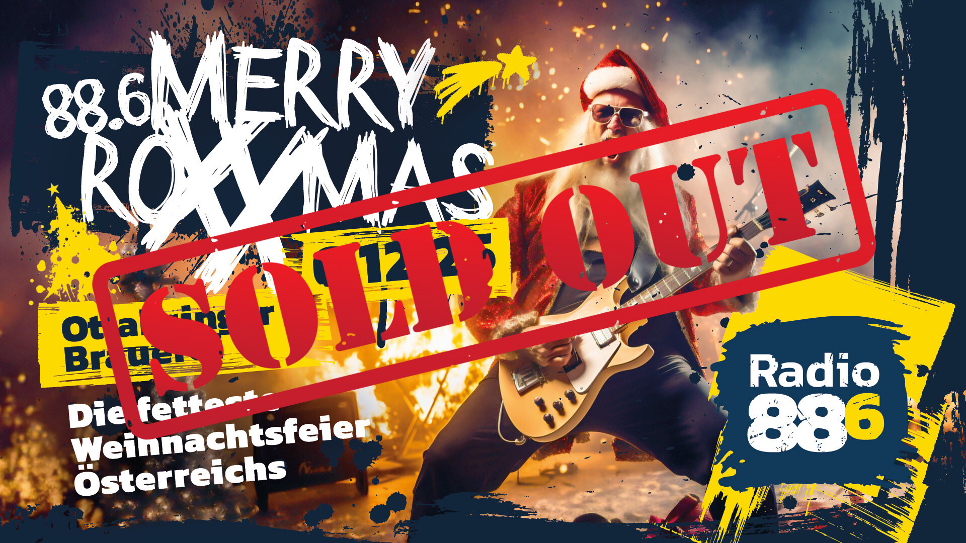 Rockiger Weihnachtsmann mit Gitarre vor Feuerkulisse. Text: 88.6 Merry RoXXmas am 6.12.25 in der Ottakringer Brauerei – die fetteste Weihnachtsfeier Österreichs.