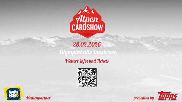 Logo der Alpencardshow in rot, grauer Hintergrund mit schneebedeckten Bergen
