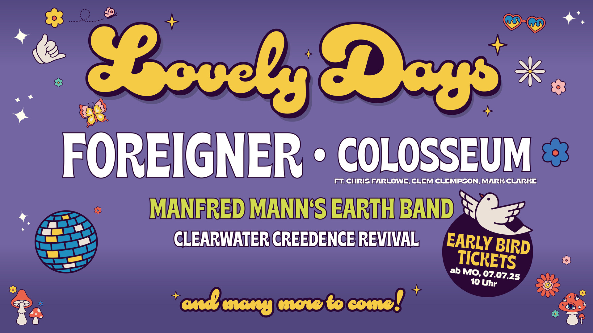 Lovely Days Festival Plakat vom Lovely Days Festival mit Lineup auf Lila Hintergrund