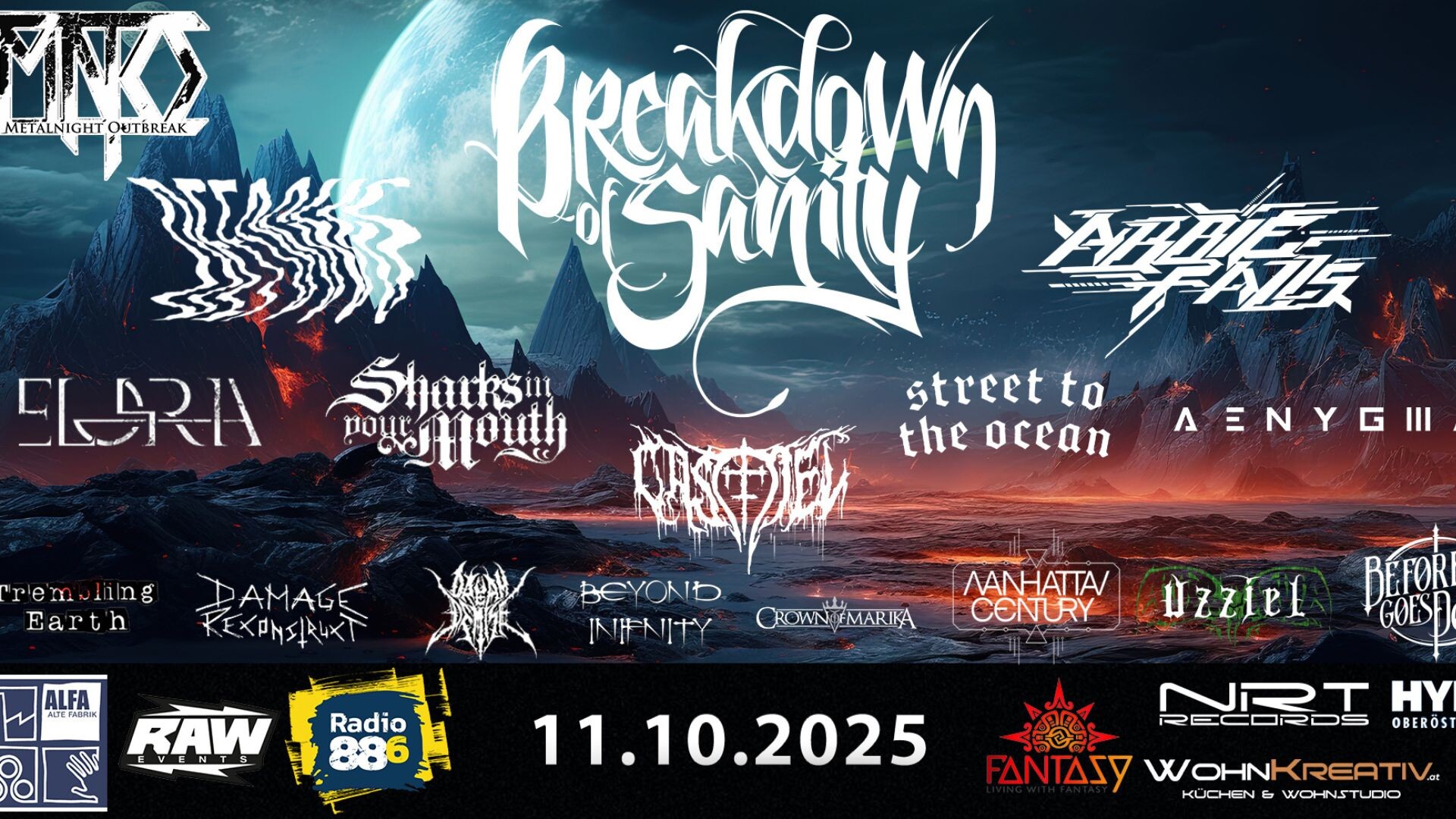 Poster vom Metalnight Outbreak Festival mit den Bandlogos