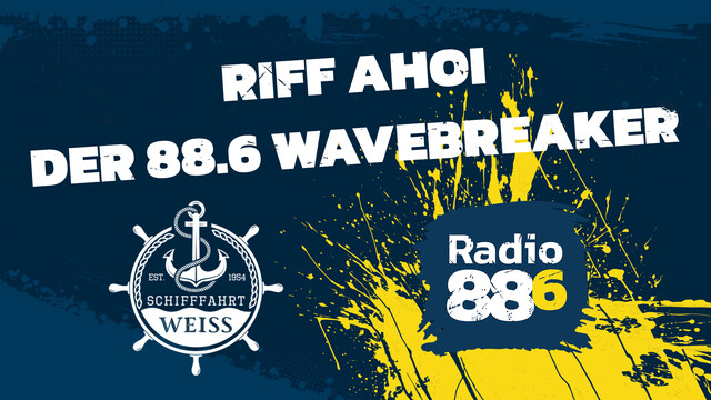 Plakat mit Logo von Radio 88 6 und Schiffahrt Weiss