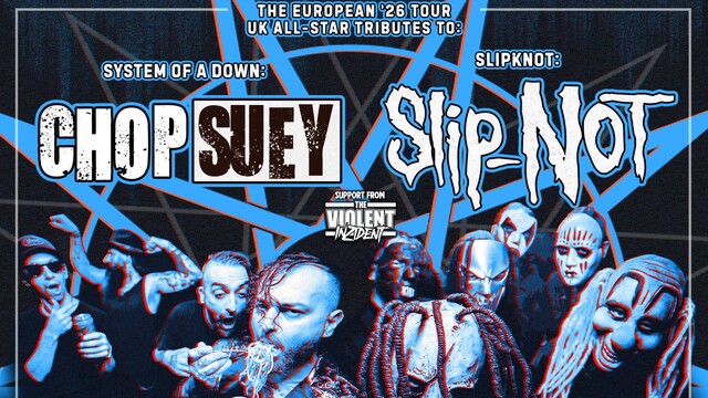 Plakat von Chop Suey und Slip-Not, mit den Bandmitgliedern in blau weiß gehalten