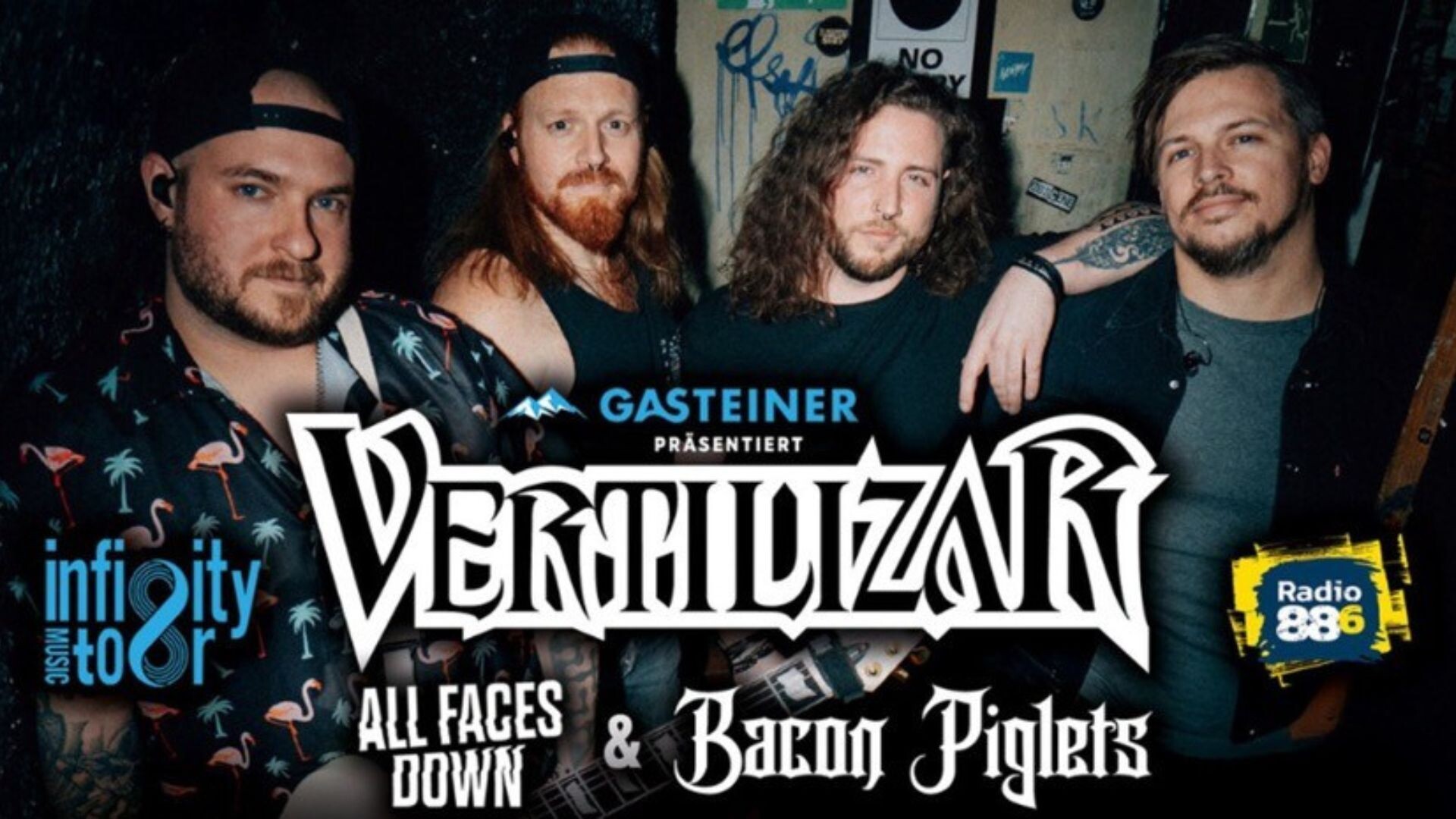 Bandfoto von Vertilizar mit Logos von Support Acts All Faces Down und Bacon Piglets