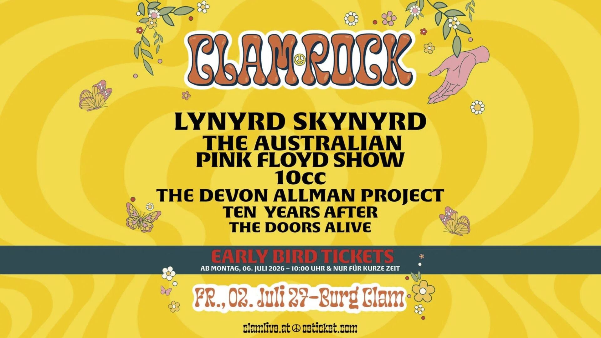 Lineup fürs Clam Rock 2027 auf gelbem Hintergrund