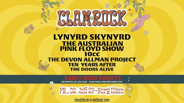 Lineup fürs Clam Rock 2027 auf gelbem Hintergrund