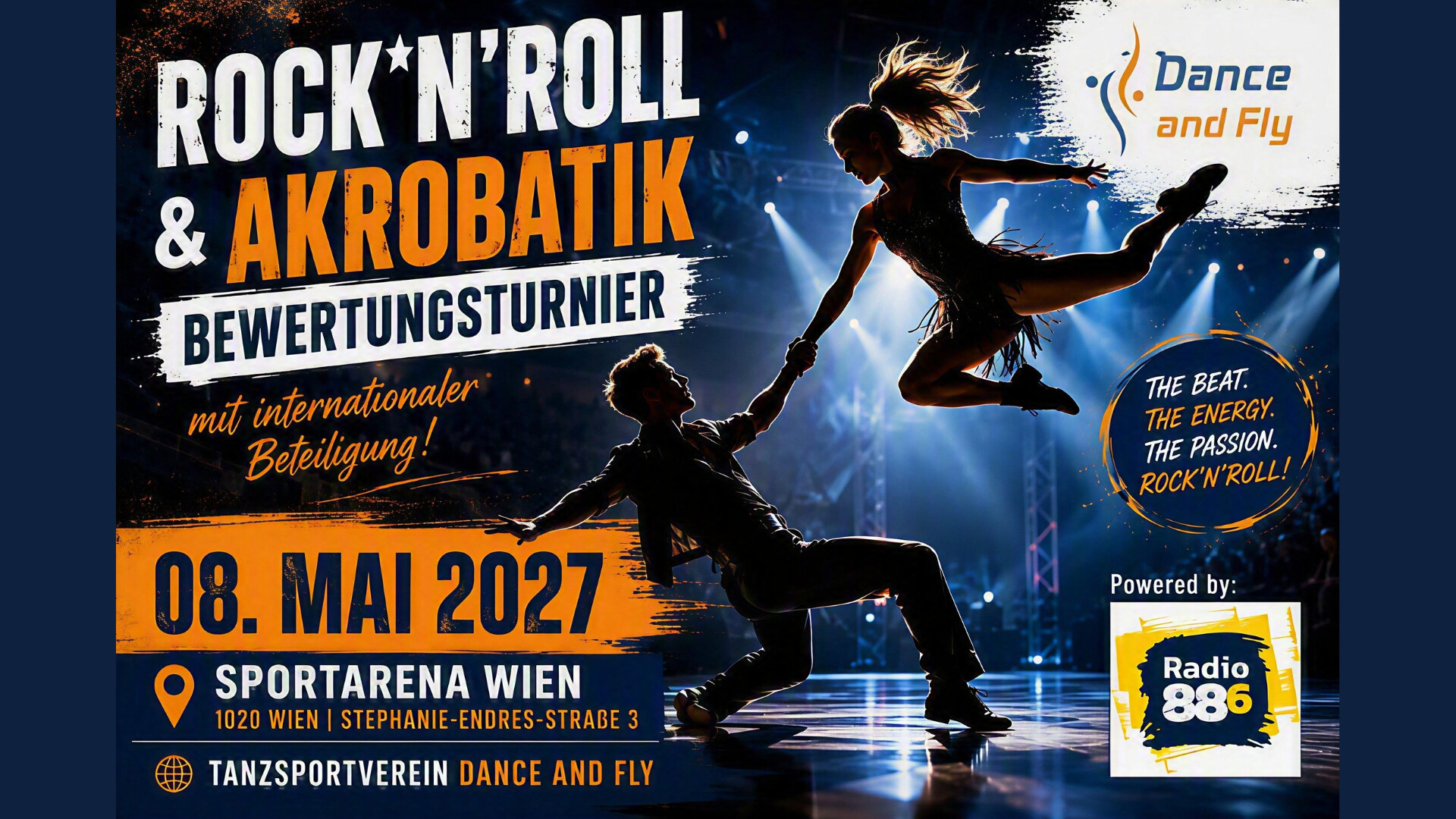 Rock’n’Roll Akrobatik mit einer Silhouette von zwei tanzenden Menschen und Eckdaten zur Veranstaltung