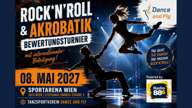 Rock’n’Roll Akrobatik mit einer Silhouette von zwei tanzenden Menschen und Eckdaten zur Veranstaltung