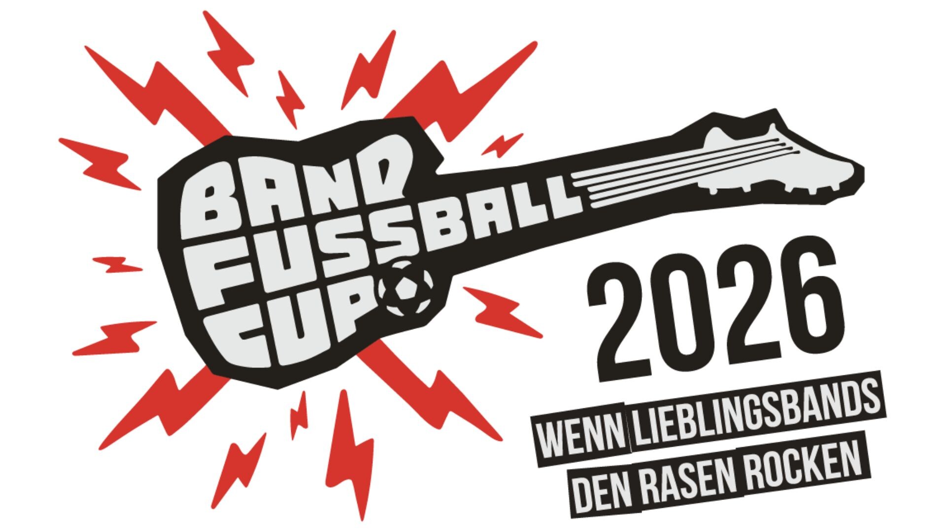 Band Fußball Cup Schriftzug in weiß,  in einer schwarzen Gitarre, umrandet von roten Blitzen