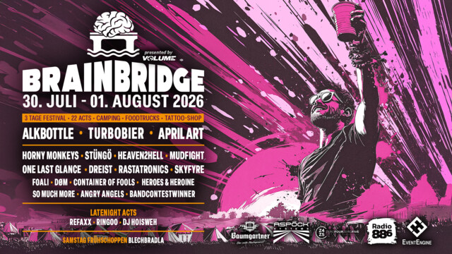 Plakat vom Brainbridge Festival weiße Schrift vor pinkem Hintergrund mit Zelten