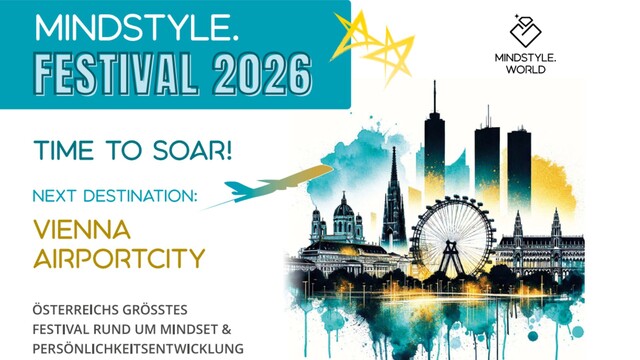 Plakat vom Mindstyle Festival, weißer Hintergrund mit einer gezeichneten Stadt rechts