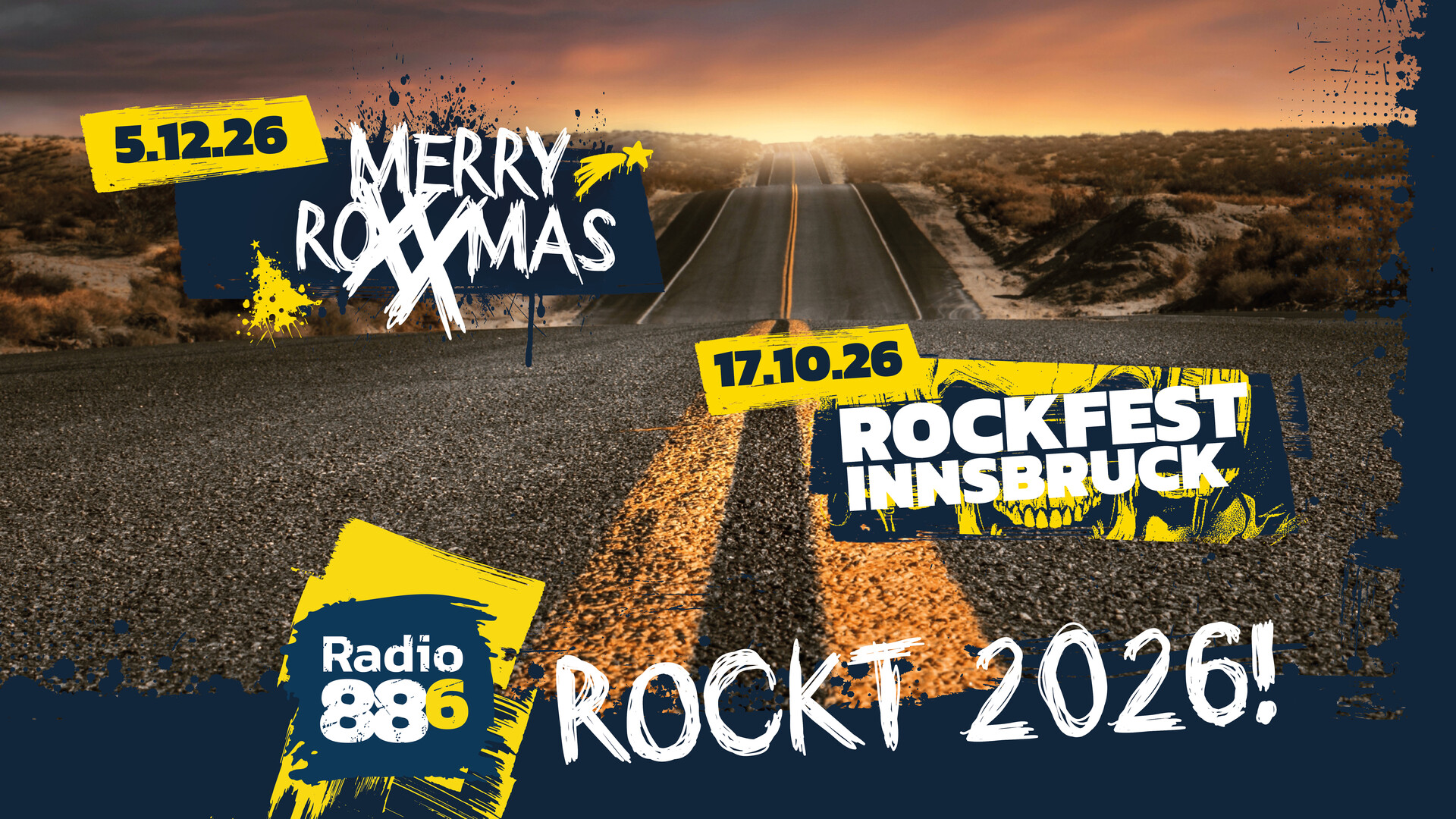 Eine Landstraße während die letzten Sonennstrahlen vom Himmel herabragen. Die Events von Radio 88.6 sind der Straße entlang platziert.