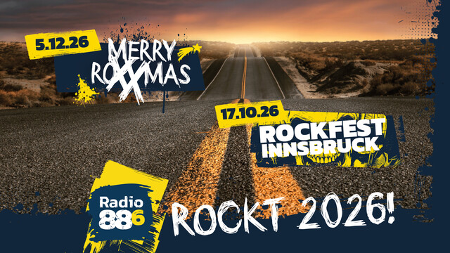 Eine Landstraße während die letzten Sonennstrahlen vom Himmel herabragen. Die Events von Radio 88.6 sind der Straße entlang platziert.